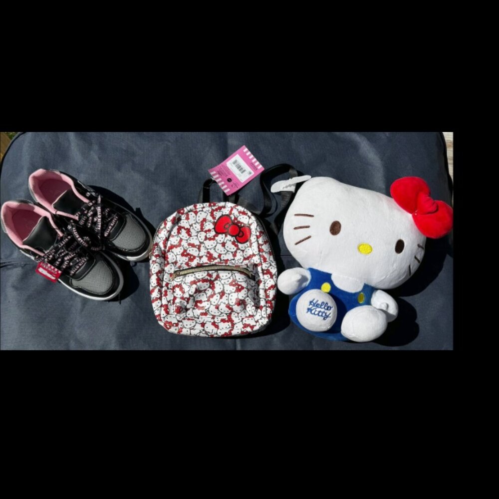 Hello Kitty Sanrio Japanese Mini Backpack, Sneakers size 8, and Plushy. New